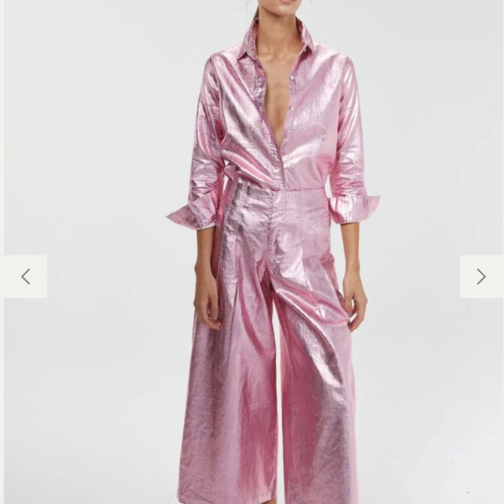 LANHTROPY - CULOTTE METALLIC LINEN PANTS SIZE M PALE PINK